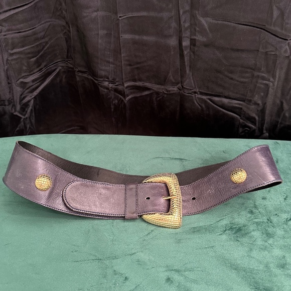 ECHT LEDER, navy blue leather belt with gold buckle - Picture 1 of 5